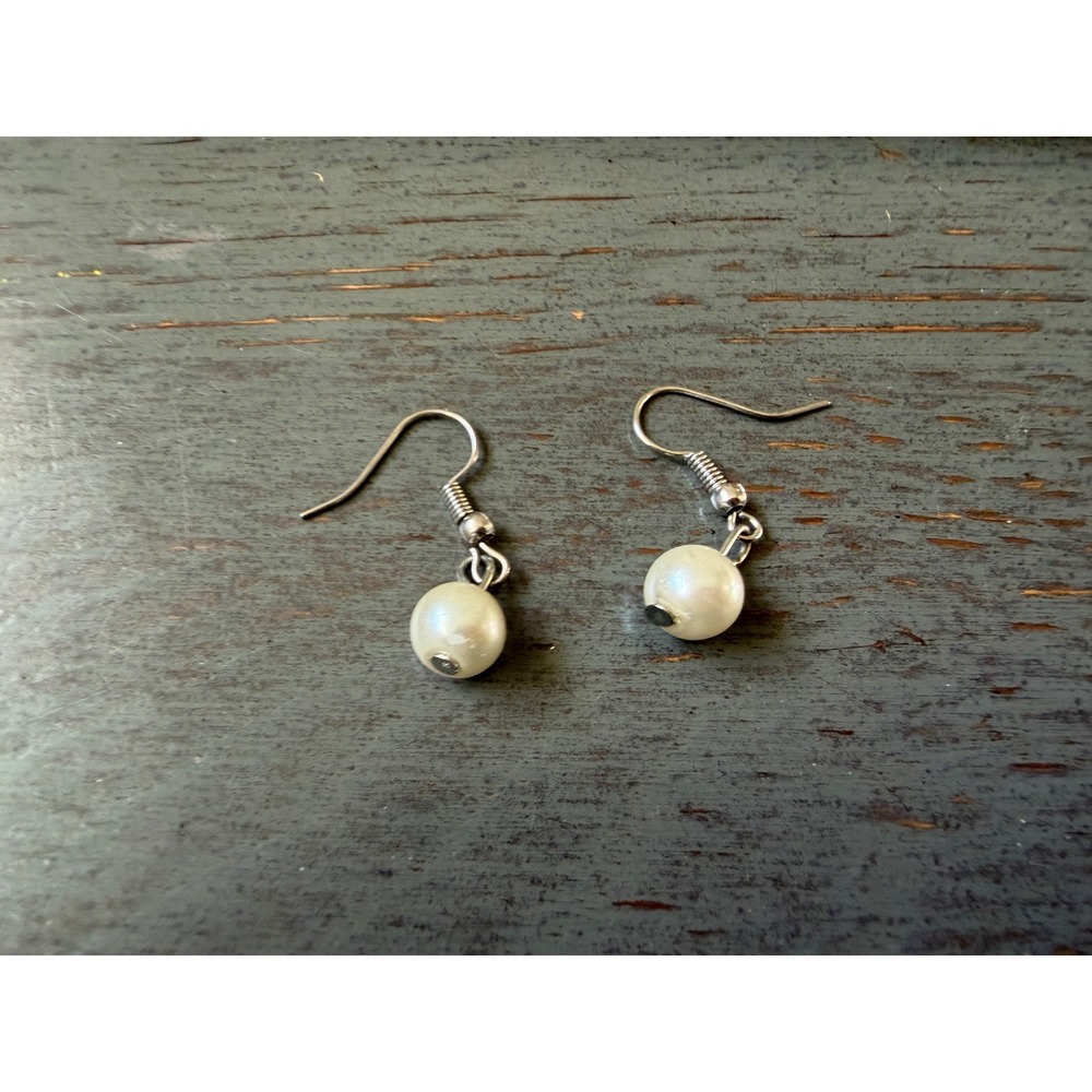 Silver Tone Faux Pearl Drop Earrings Cream Round Bead Dangle Fishhook Wires 1in